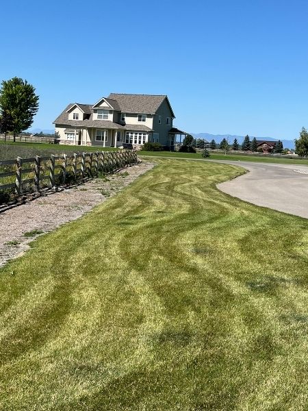 Technician providing lawn care on a residential property in Kalispell with trimmed edges and healthy grass